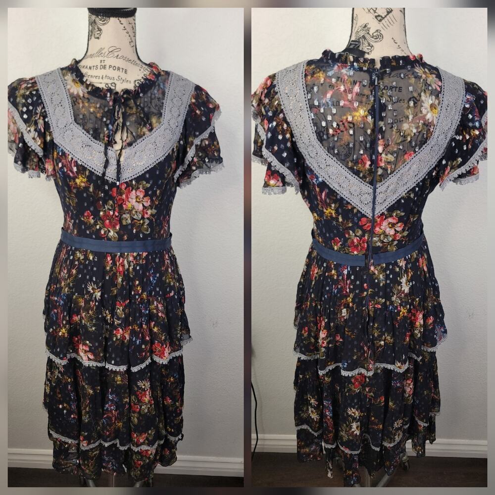 Needle & Thread Midi Dress SZ 8 Winter Forest Floral Tier Ruffle Lace Prairie